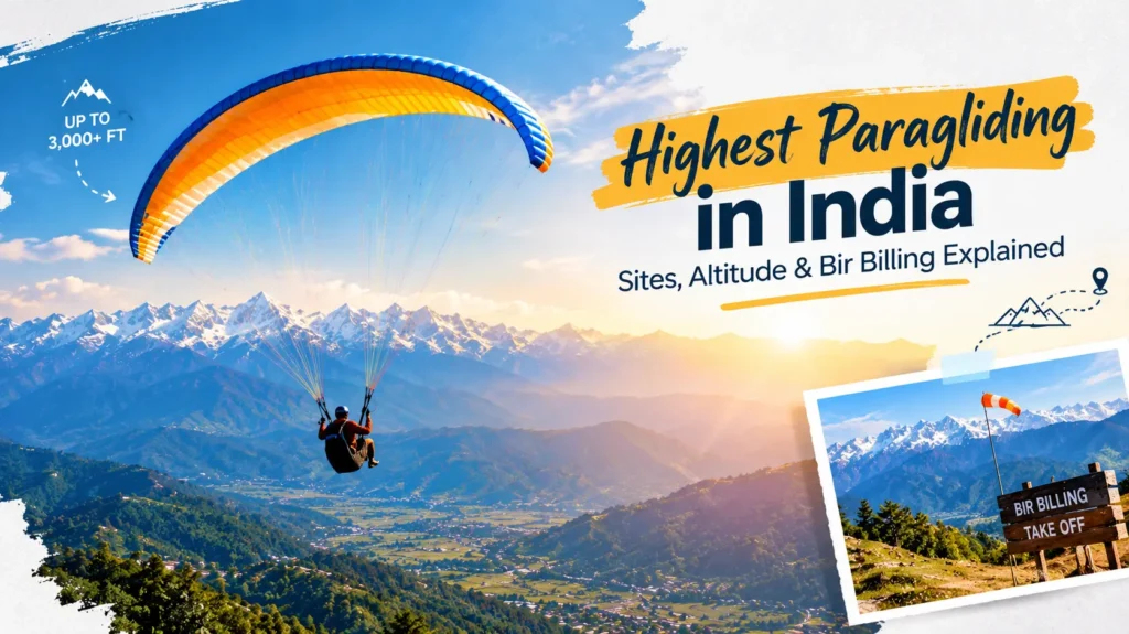 Highest paragliding in India with a view of Bir Billing's Himalayan mountains